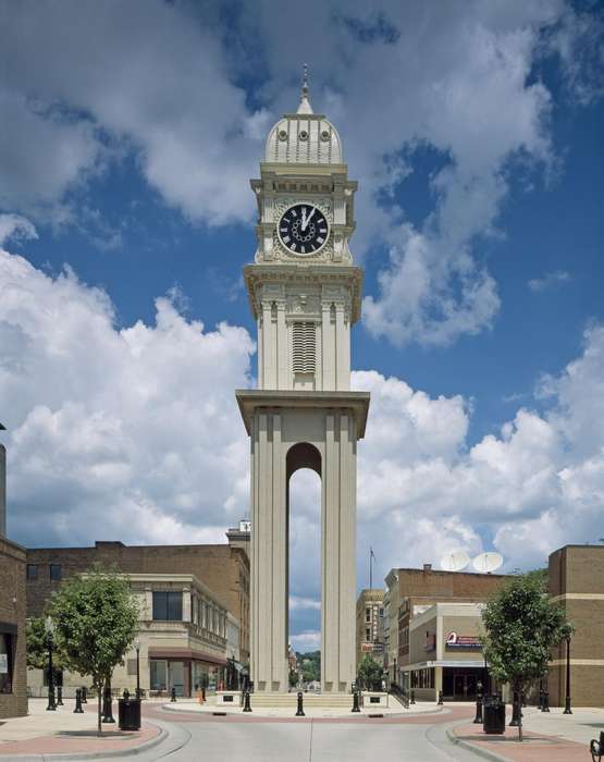 clock tower, mainstreet, Cities and Towns, history of Iowa, Iowa, Main Streets & Town Squares, roundabout, Library of Congress, Iowa History