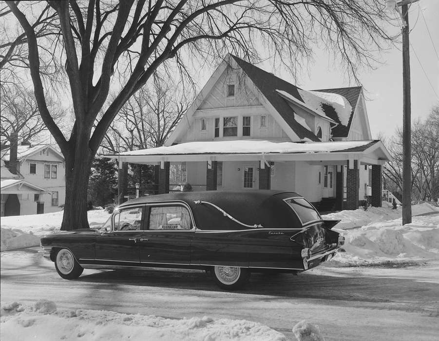 Businesses and Factories, history, Photos, snow, Iowa, IA, Cities and Towns, hearse, Homes, Motorized Vehicles, United States, ia, Winter, car, Coon Rapids Enterprise, historic, winter, Coon Rapids, funeral home