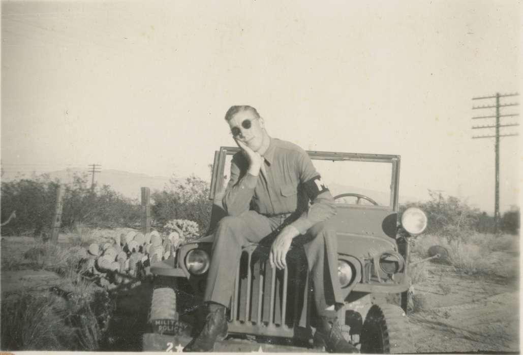 Military and Veterans, jeep, Portraits - Individual, uniform, Travel, car, Tucson, AZ, history of Iowa, Iowa History, Little, Jeanne Weigel, military police, Motorized Vehicles, Iowa