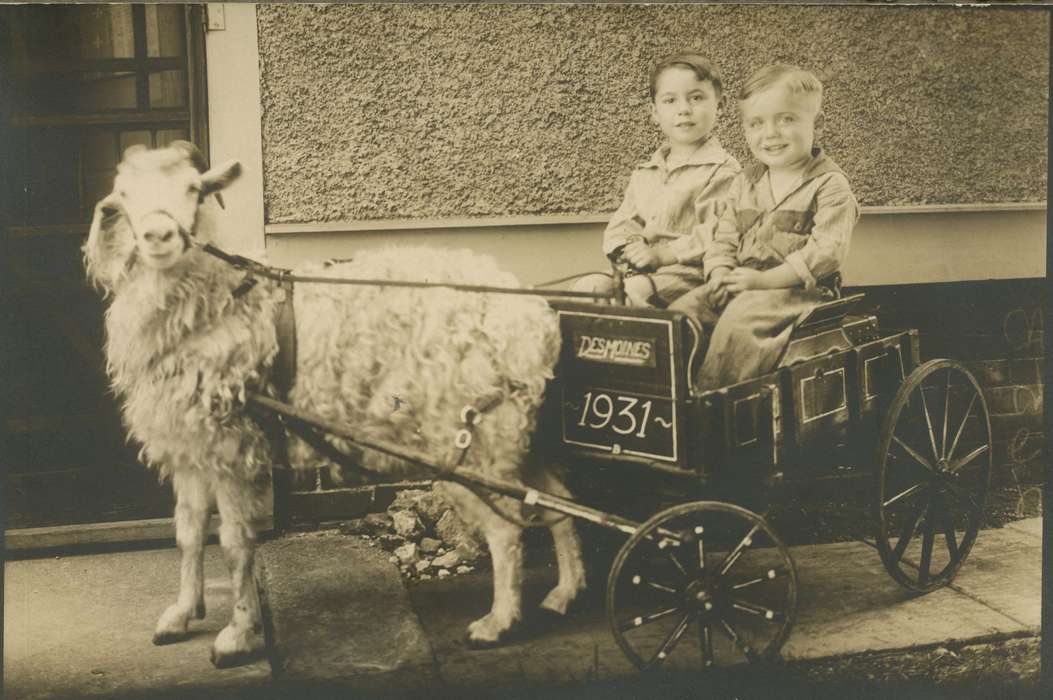 wagon, history of Iowa, boys, Des Moines, IA, Roquet, Ione, Children, Portraits - Group, Iowa, Iowa History, Animals, goat