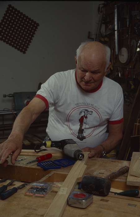 Iowa, shirt, tools, wood, screw, old man, correct date needed, Iowa History, history of Iowa, Western Home Communities, power tools, Labor and Occupations