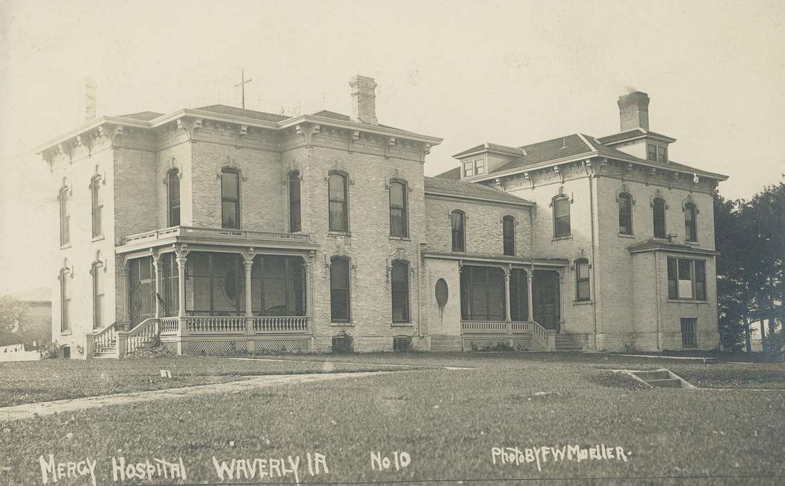 Iowa History, chimney, cross, windows, Iowa, brick building, mercy hospital, history of Iowa, Meyer, Mary, hospital, screened porch, Hospitals