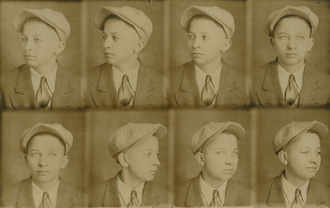 newsboy, Portraits - Individual, Bergeson, Marilyn, Iowa, kid, eyes, Iowa History, history of Iowa, Des Moines, IA, hat, newsboy cap, Children, tie