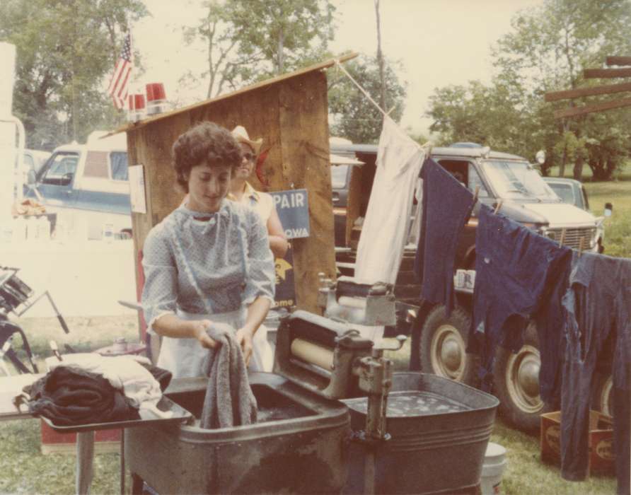 Fairs and Festivals, Belle Plaine, IA, ringer washer, Iowa History, clothesline, Portraits - Group, Families, Wiese, Rose, dress, laundry, Iowa, history of Iowa, Motorized Vehicles