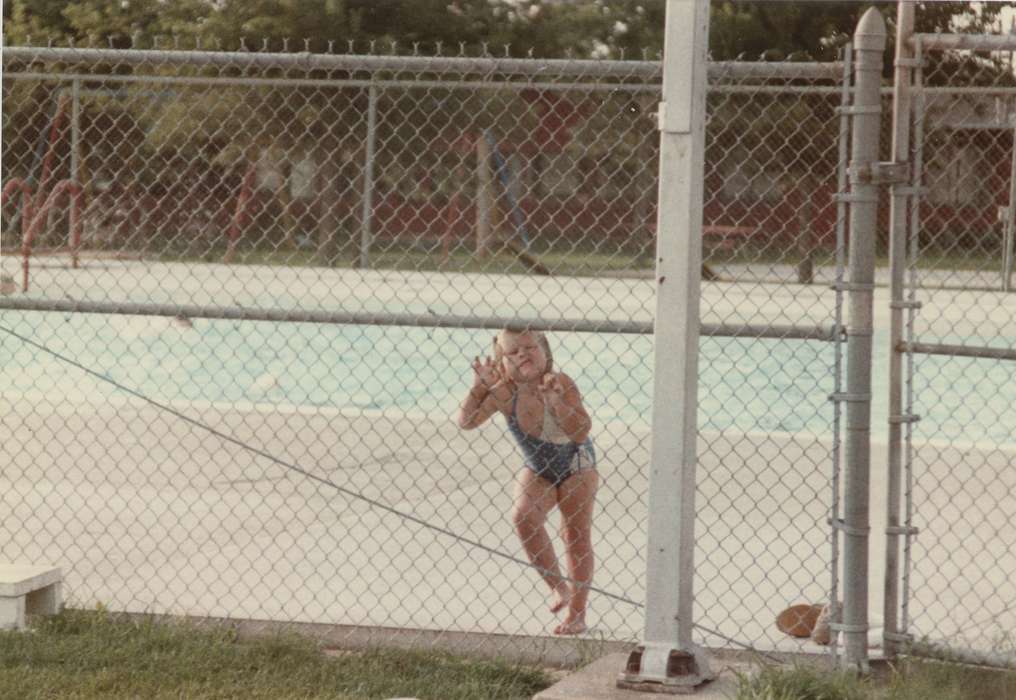 swimming suit, history of Iowa, silly, Iowa History, bathing suit, pool, Reinbeck, IA, Iowa, Children, Portraits - Individual, fence, swimsuit, East, Lindsey, Outdoor Recreation