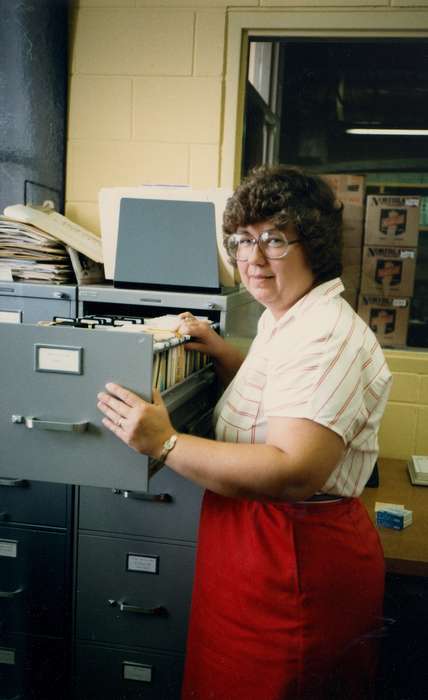 museum, hairstyle, Cedar Falls, IA, University of Northern Iowa Museum, Iowa History, Schools and Education, uni, woman, filing cabinet, fashion, glasses, office, papers, history of Iowa, university of northern iowa, Iowa