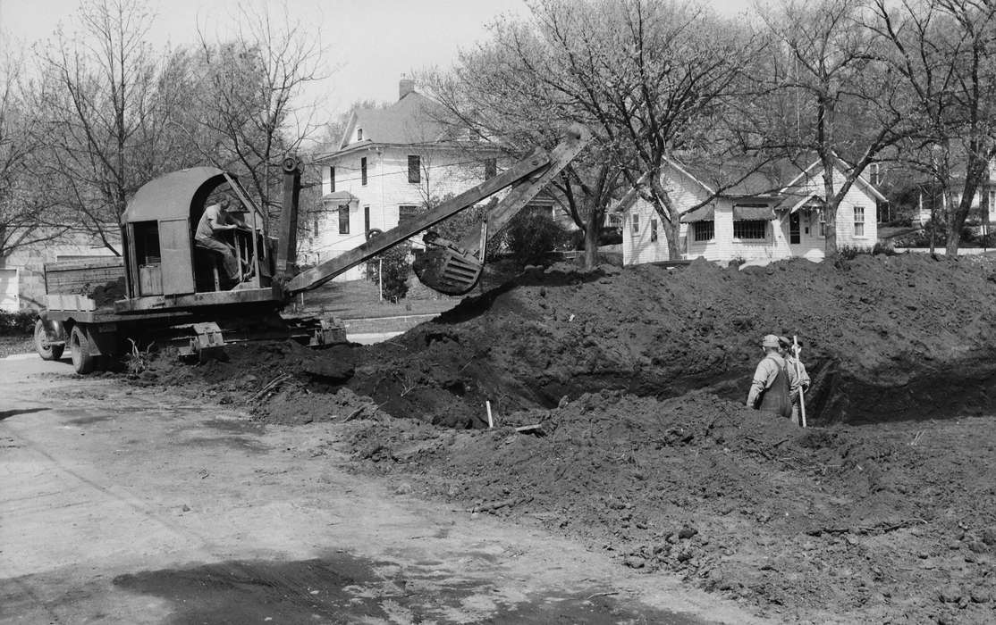 IA, Cities and Towns, historic, Motorized Vehicles, Coon Rapids, Religious Structures, neighborhood, dirt mound, Iowa, excavator, United States, Photos, Labor and Occupations, history, overalls, ia, Coon Rapids Enterprise, men at work