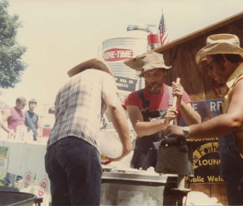 Fairs and Festivals, hat, cigarette, butter churn, Food and Meals, Iowa History, Belle Plaine, IA, Portraits - Group, Families, ice cream, overalls, Iowa, history of Iowa, Wiese, Rose