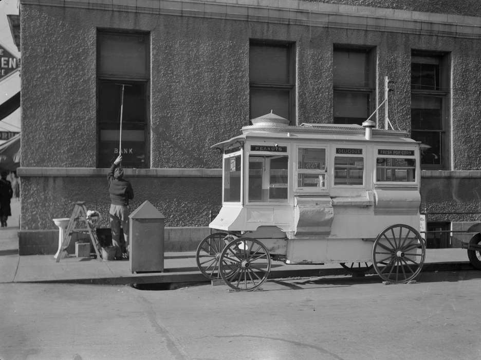 Labor and Occupations, mainstreet, Library of Congress, Main Streets & Town Squares, Cities and Towns, Businesses and Factories, street corner, food cart, Motorized Vehicles, Iowa History, window washer, history of Iowa, ladder, Iowa