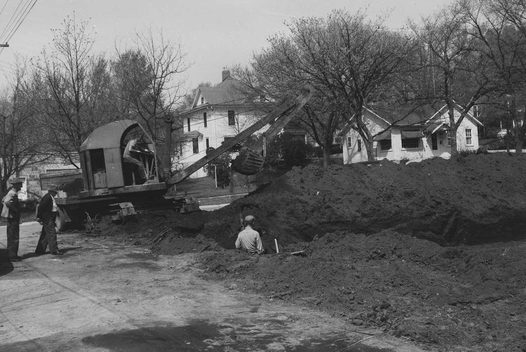 IA, suits, Cities and Towns, historic, Motorized Vehicles, Coon Rapids, Religious Structures, neighborhood, dirt mound, Iowa, excavator, United States, Photos, Labor and Occupations, history, ia, Coon Rapids Enterprise, men at work