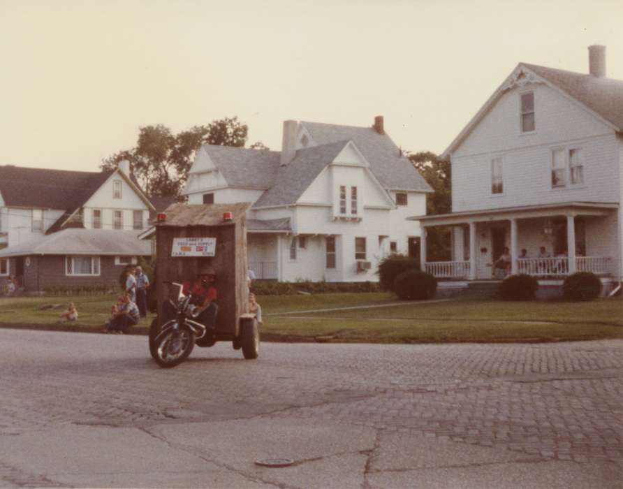 Wiese, Rose, Cities and Towns, parade, outhouse, Iowa History, history of Iowa, motorcycle, Fairs and Festivals, Motorized Vehicles, Portraits - Group, brick road, Marengo, IA, Homes, Iowa