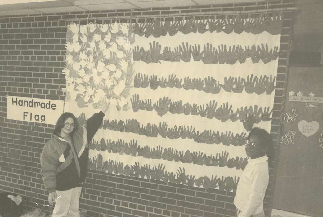 Schools and Education, brick wall, american flag, People of Color, sign, Waverly Public Library, hand, Iowa History, Waverly, IA, Portraits - Group, outfit, Iowa, history of Iowa, Children