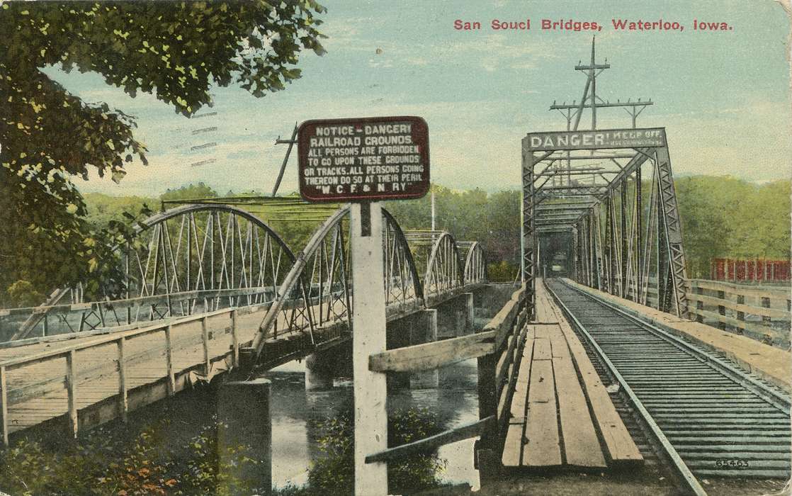 ia, river, IA, history, postcard, bridge, Waterloo, railroad bridge, historic, Lakes, Rivers, and Streams, Olsson, Ann and Jons, Iowa, bridges, Black Hawk, United States, Photos