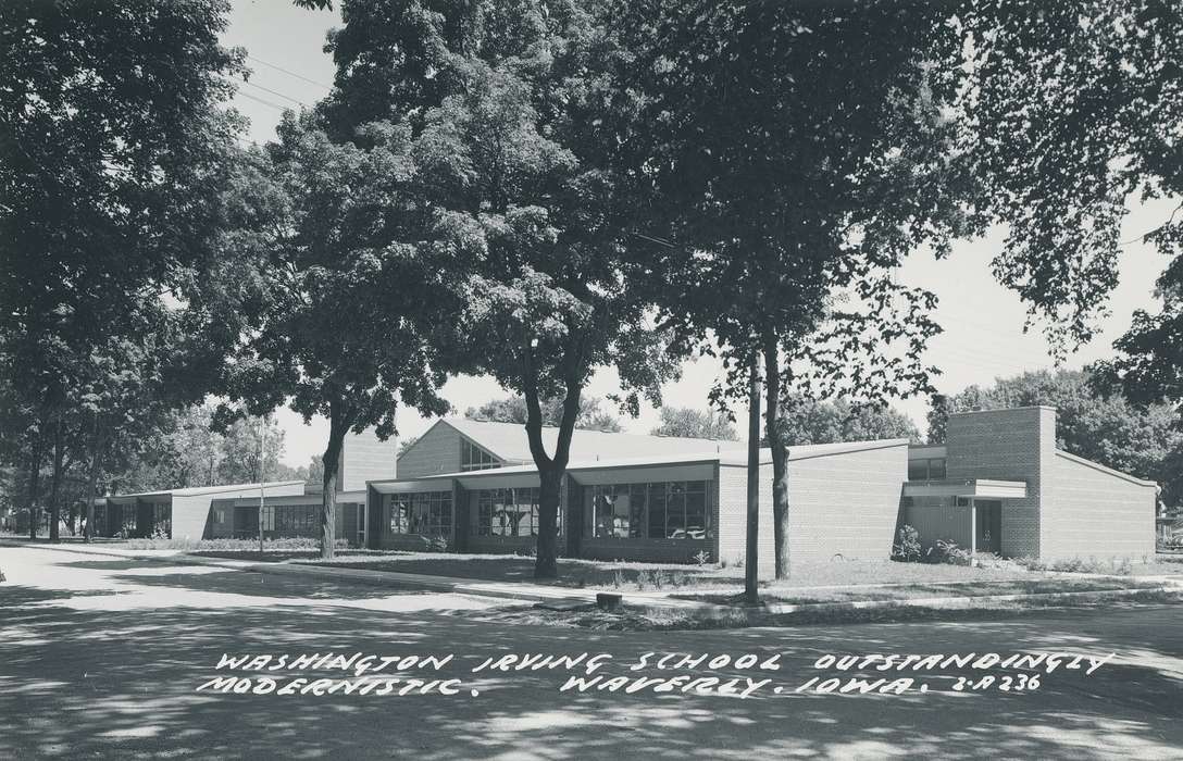 brick building, Landscapes, Schools and Education, Businesses and Factories, elementary school, trees, correct date needed, Waverly Public Library, Iowa History, Waverly, IA, Iowa, landscape, history of Iowa