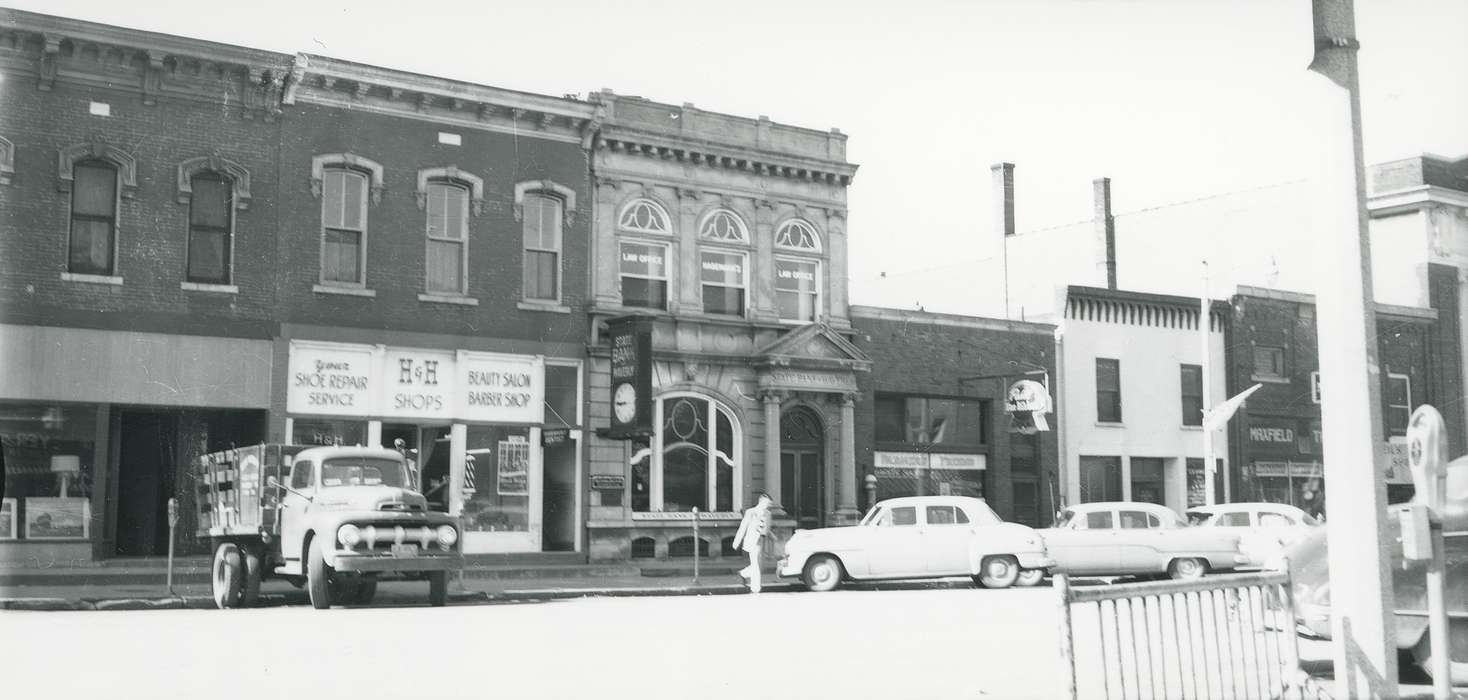 hair salon, truck, Businesses and Factories, Motorized Vehicles, history of Iowa, parking meter, sign, car, Waverly Public Library, Iowa, Waverly, IA, clock, Iowa History, bank, barbershop, Cities and Towns, Main Streets & Town Squares
