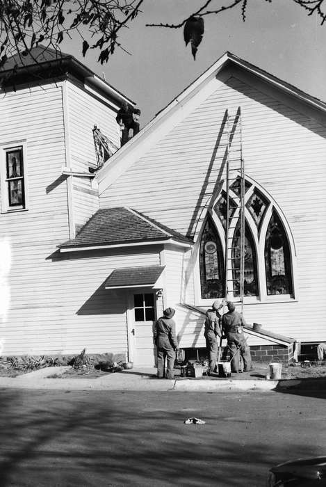 Iowa, IA, United States, Photos, historic, Labor and Occupations, Coon Rapids, Coon Rapids Enterprise, history, painting, ladder, stained glass, Religious Structures, ia, church, men at work