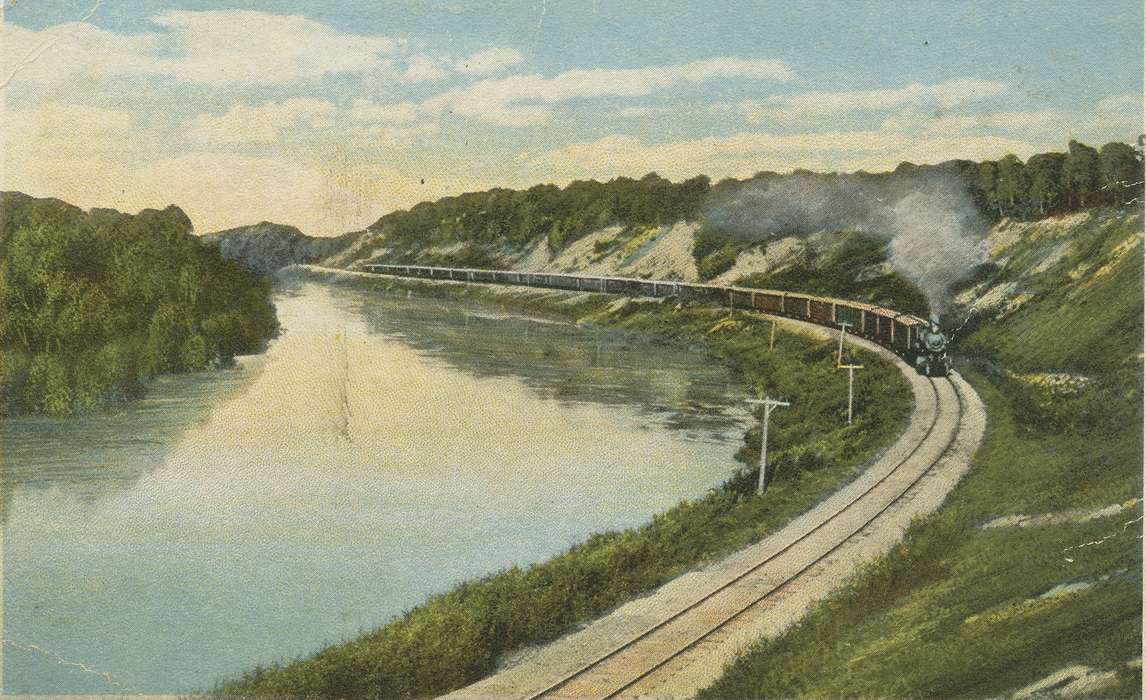 ia, river, IA, history, postcard, historic, Waterloo, Lakes, Rivers, and Streams, Olsson, Ann and Jons, railroad, Iowa, Black Hawk, United States, Photos, train