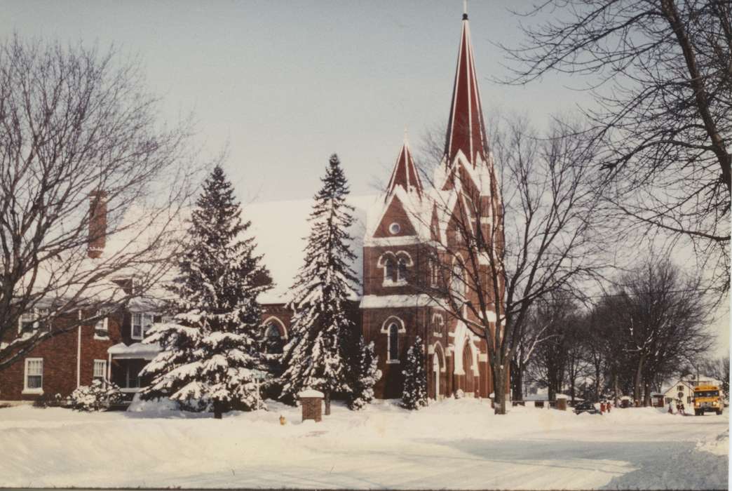 church, Cities and Towns, Brus, Beverly, New Hampton, IA, Religious Structures, school bus, Iowa History, Winter, Iowa, history of Iowa, Main Streets & Town Squares