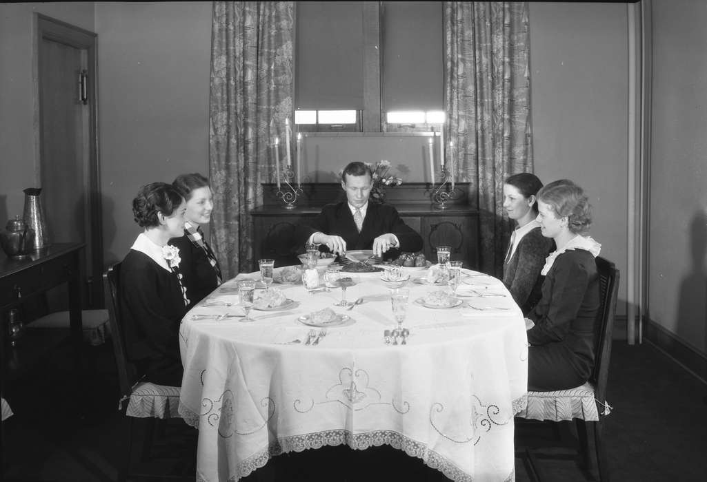 Leisure, Food and Meals, UNI Special Collections & University Archives, dining room, curtain, dining table, iowa state teachers college, uni, Iowa, candle, Cedar Falls, IA, Schools and Education, university of northern iowa, Iowa History, tablecloth, history of Iowa