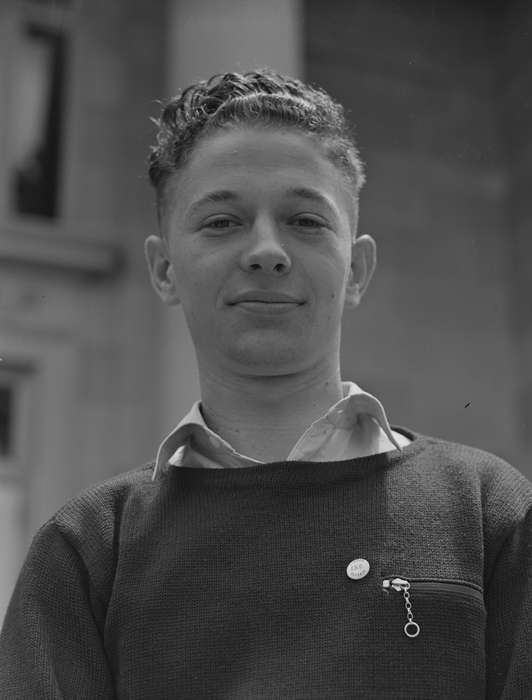 sweater, curly hair, history of Iowa, Library of Congress, student, Iowa History, Labor and Occupations, young man, Iowa, Portraits - Individual, Leisure, young adult