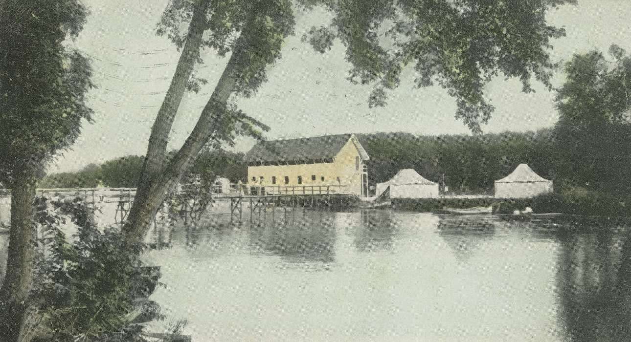 ia, river, IA, history, postcard, historic, Waterloo, Lakes, Rivers, and Streams, Olsson, Ann and Jons, Iowa, bath house, Black Hawk, United States, Photos