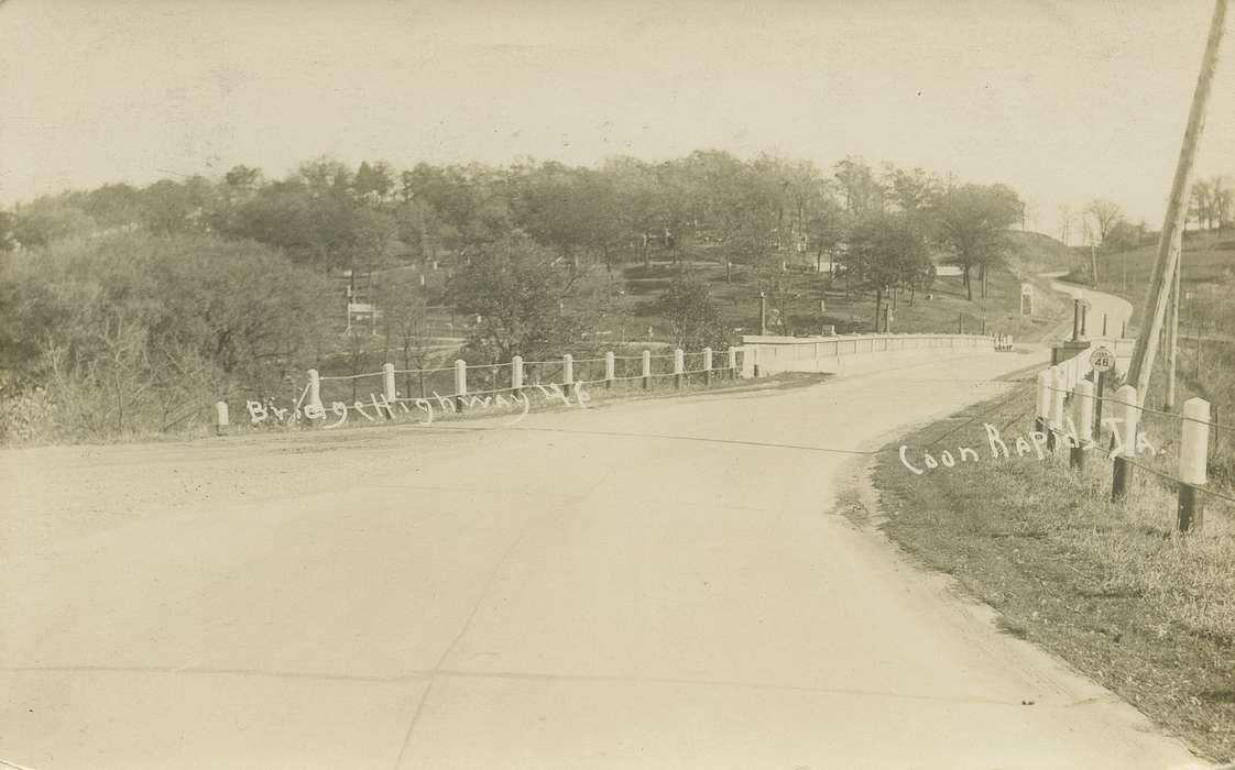 Landscapes, Cemeteries and Funerals, Lakes, Rivers, and Streams, sign, Coon Rapids Enterprise, headstone, bridge