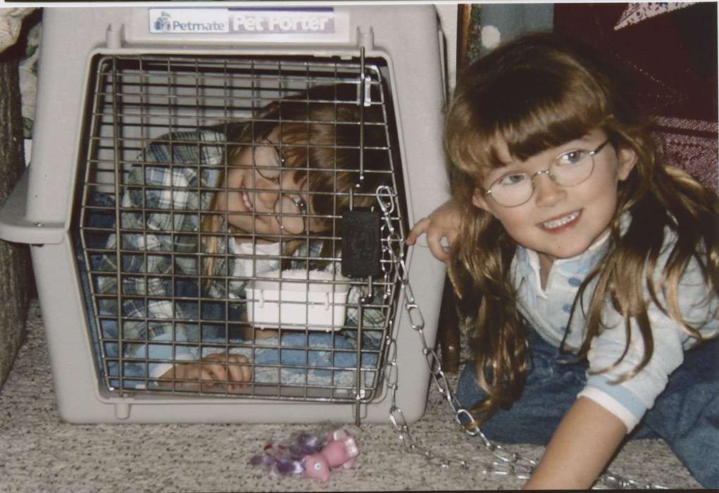 history of Iowa, glasses, silly, sisters, correct date needed, my little pony, LeQuatte, Sue, Iowa History, Altoona, IA, Families, Iowa, bangs, dog crate, playing, Children