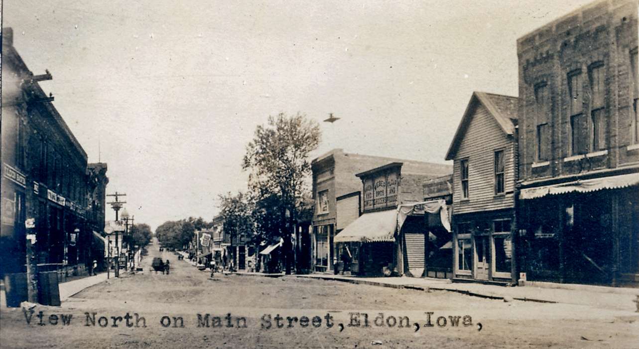 mainstreet, Lemberger, LeAnn, horse and buggy, Main Streets & Town Squares, Iowa History, veranda, Iowa, history of Iowa, dirt road, Cities and Towns, storefront, Eldon, IA