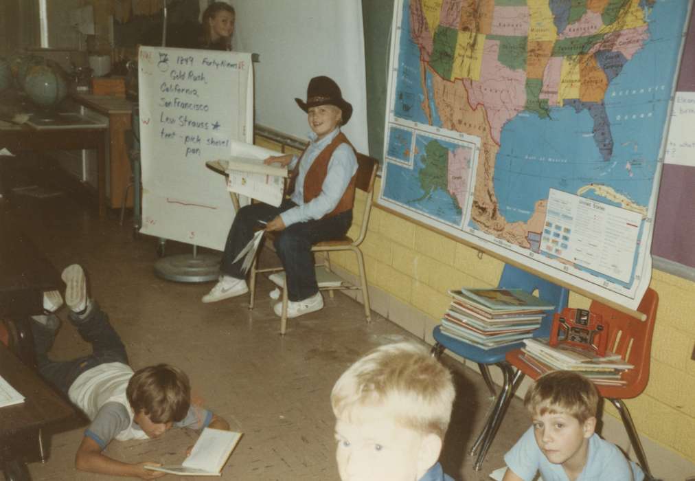 Iowa History, Schools and Education, history of Iowa, classroom, cowboy hat, Harken, Nichole, Coggon, IA, Children, Iowa, map