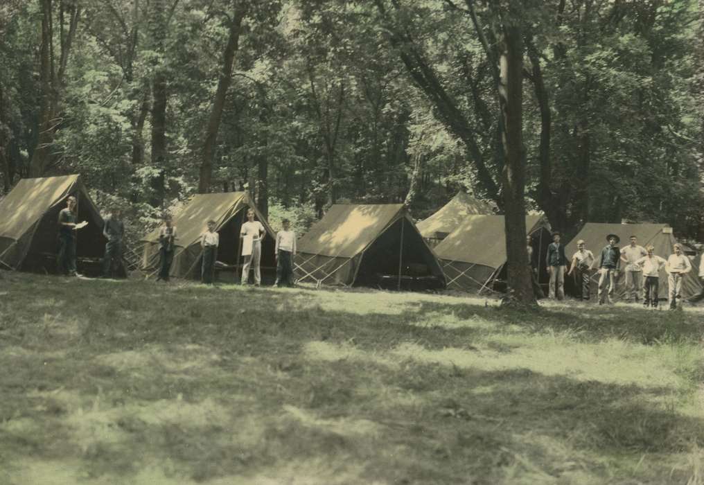 McMurray, Doug, Children, boy scout, Iowa History, Portraits - Group, Outdoor Recreation, colorized, Webster County, IA, camp, Iowa, history of Iowa, tent