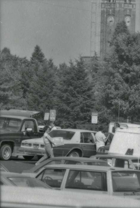 campanile, uni, Cedar Falls, IA, university of northern iowa, Iowa History, Schools and Education, history of Iowa, Motorized Vehicles, UNI Special Collections & University Archives, car, Iowa, parking lot