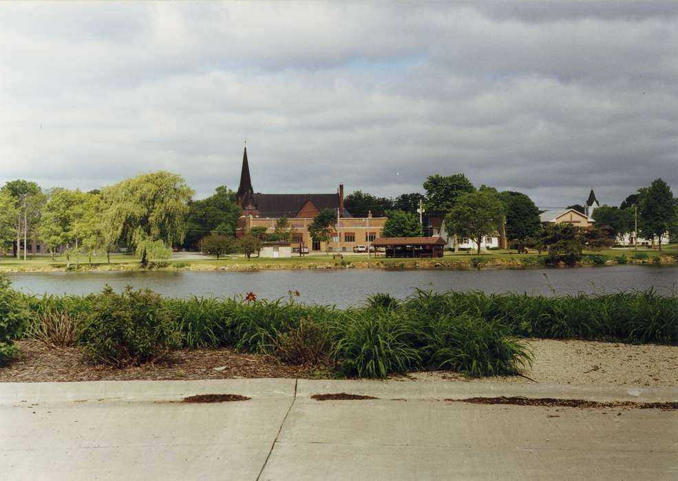 church, pond, Waverly Public Library, Landscapes, Religious Structures, Cities and Towns, Iowa, Iowa History, Waverly, IA, history of Iowa, lutheran, Lakes, Rivers, and Streams, lily