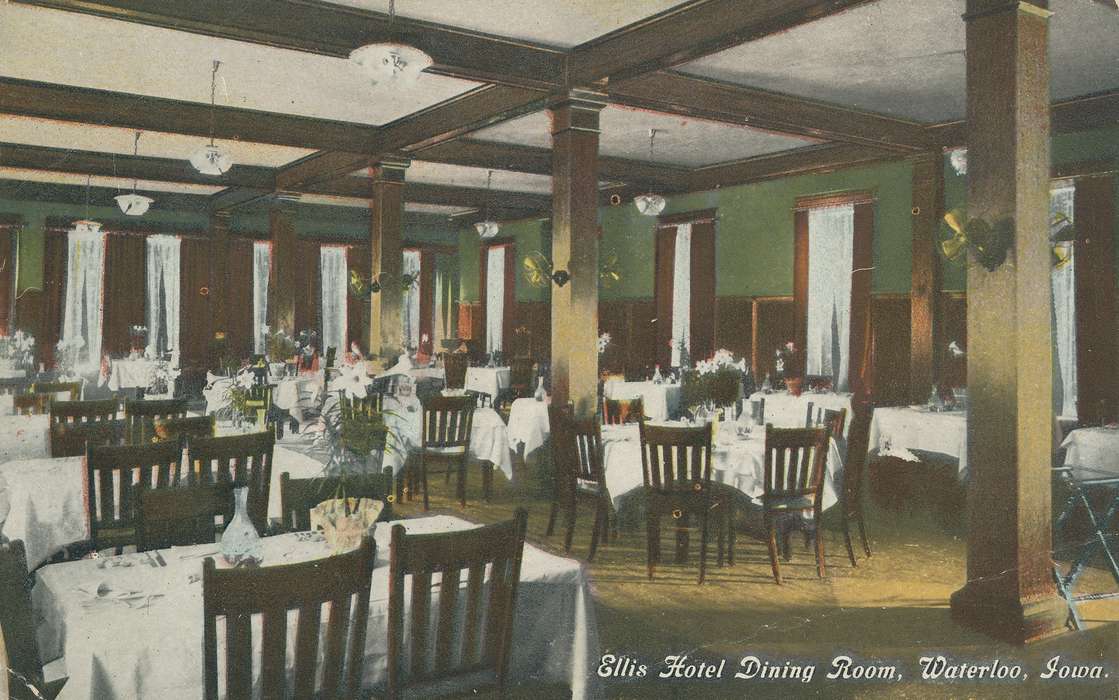 dining room, postcard, Businesses and Factories, Iowa History, Shaulis, Gary, Iowa, Food and Meals, flowers, Waterloo, IA, history of Iowa