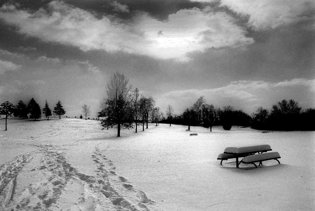 history of Iowa, snow, picnic table, Landscapes, Iowa History, Lemberger, LeAnn, park bench, Winter, Cities and Towns, park, Iowa, Ottumwa, IA, snow tracks