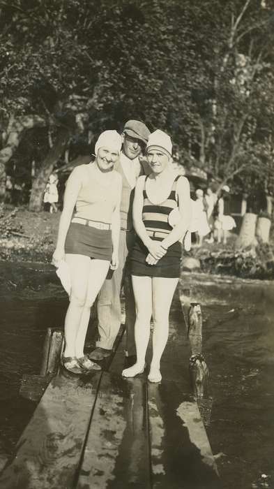 swimmers, Clear Lake, IA, Lakes, Rivers, and Streams, lake, Iowa, Iowa History, newsboy hat, bathing suit, swimsuit, swimming suit, Outdoor Recreation, McMurray, Doug, Portraits - Group, Leisure, swimming cap, dock, history of Iowa