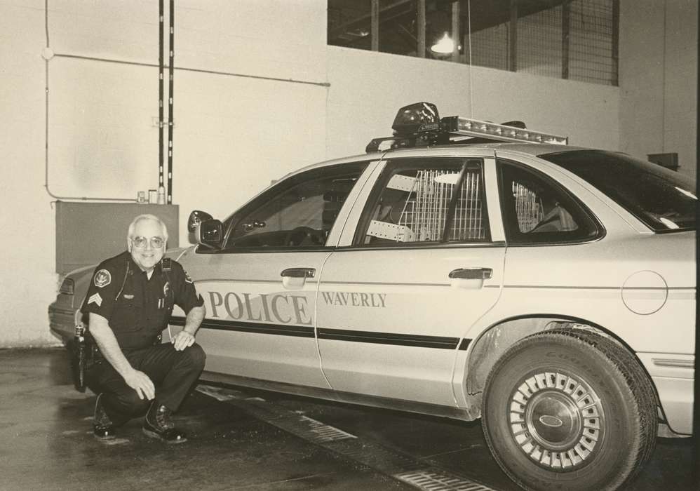 Prisons and Criminal Justice, police car, Waverly Public Library, police officer, Iowa History, Iowa, Motorized Vehicles, history of Iowa, Labor and Occupations