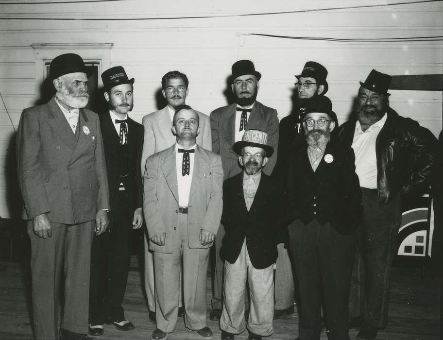 Waverly Public Library, bow tie, man, glasses, bowler hat, Iowa, Iowa History, Entertainment, Portraits - Group, beard, moustache, history of Iowa, suit, Fairs and Festivals