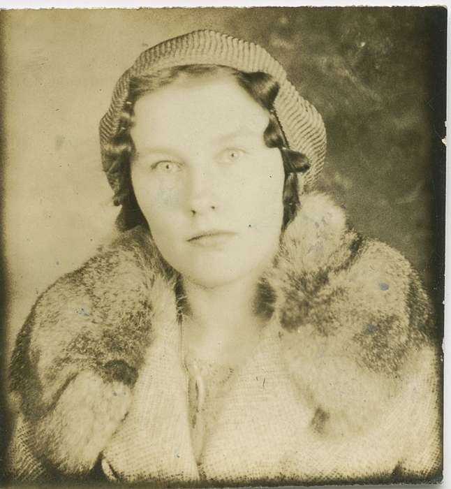woman, Iowa History, Hansen, Viola, history of Iowa, pin curl, gaze, eyes, IA, fur, Portraits - Individual, Iowa