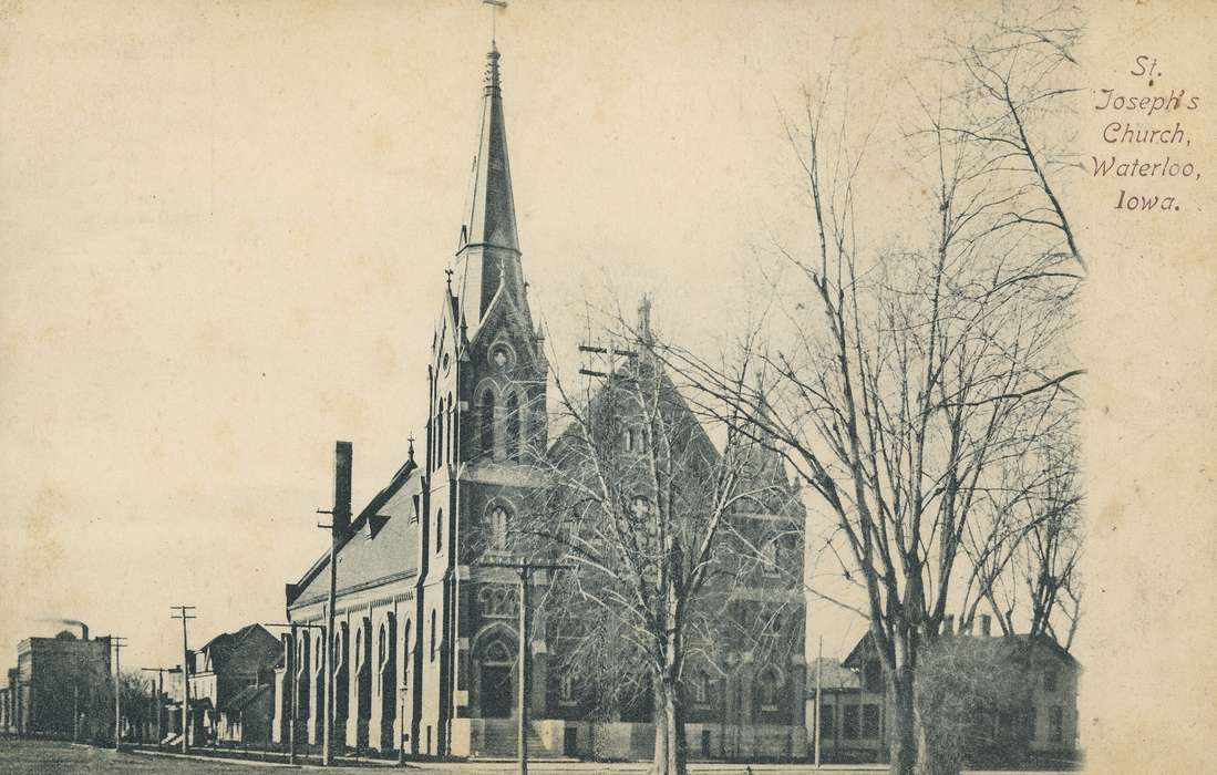 church, Waterloo, IA, Iowa History, catholic church, postcard, history of Iowa, Shaulis, Gary, Iowa, Religious Structures